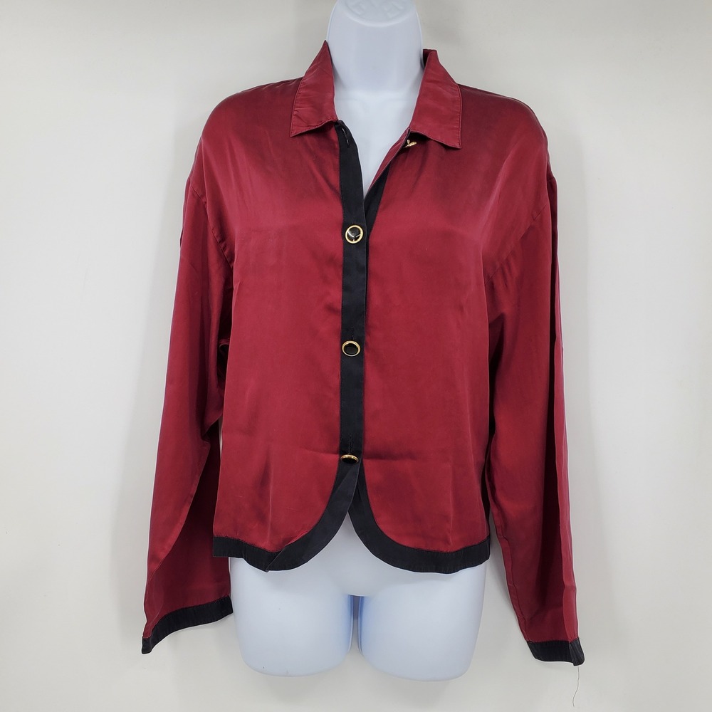 Silx August Silk Red 100% Silk Blouse Contrast Trim Button Up M Vintage 90s